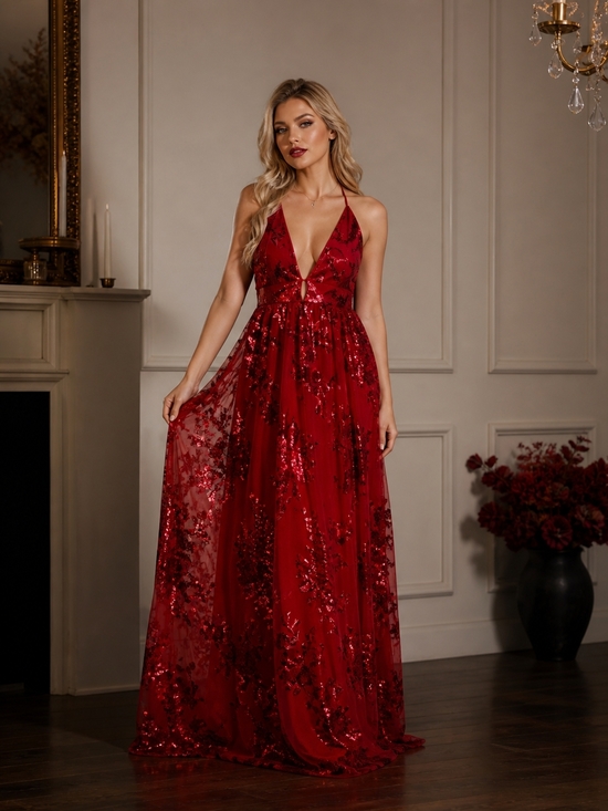southernfrienschics Dresses & Skirts - Nwt Red Sequin Plunge Maxi Dress with Halter Neck